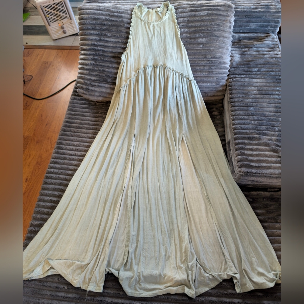 POL Light Sage Green Crochet Lace-Trim Tank Double Front Slit Maxi Dress NWT